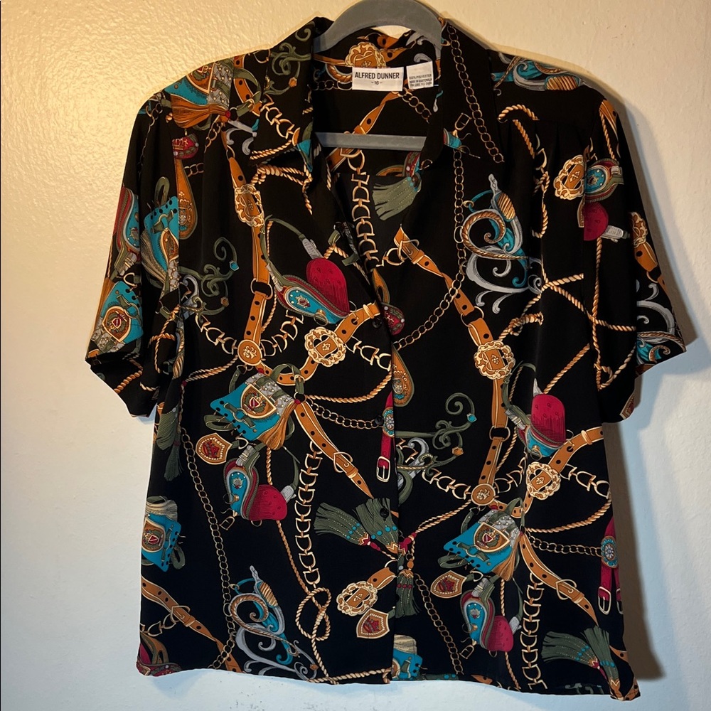 Alfred Dunner 80s Multicolor Chain Tassel Print Short Sleeve Button Up Blouse XL